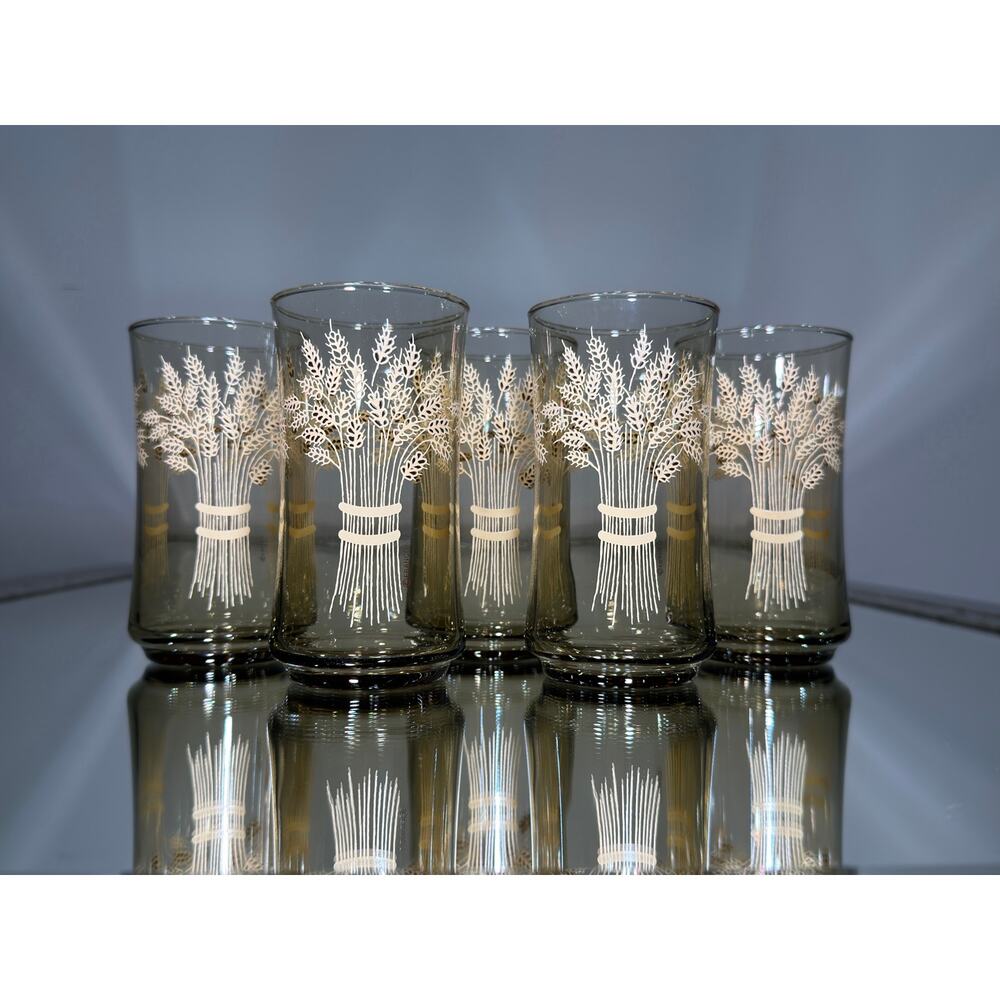 🌾 Vintage Wheat Sheaf Glasses – Set of 5 | Cozy Mid-Century Drinkware